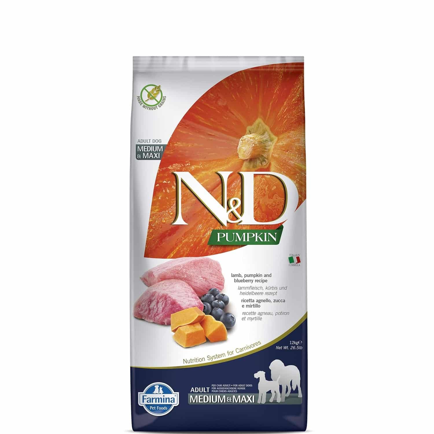 FARMINA N&D Pumpkin Dry Dog Premium Pet Food, Grain-Free, Lamb and Blueberry, Adult Medium & Maxi Breed